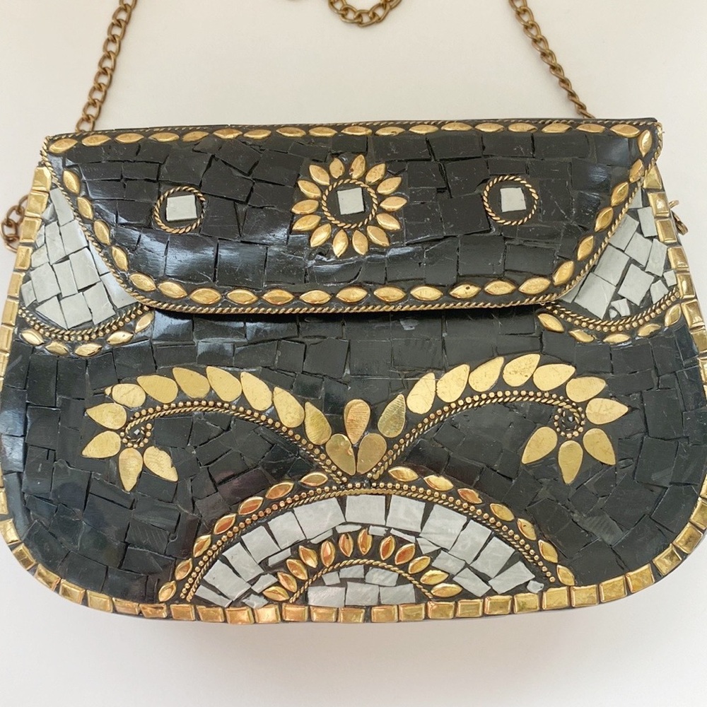 Antik Kraft Mosaic Inlay Hard Shell Metal Crossbody Clutch Purse Boho - Picture 2 of 10